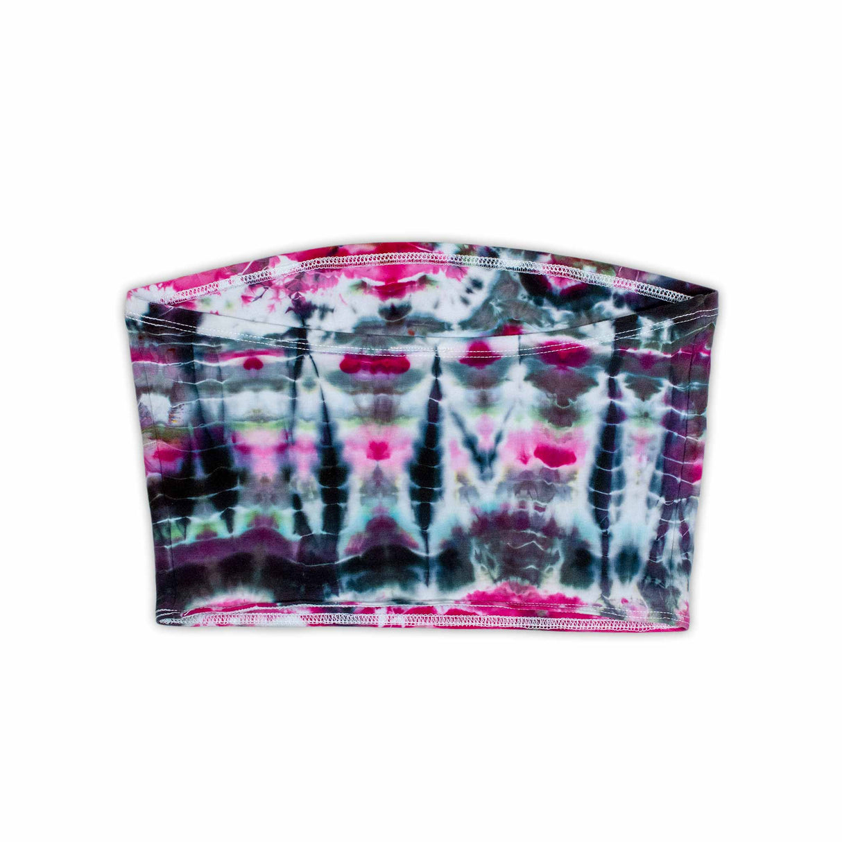 An eye-catching, elastic bandeau top with a psychedelic tie-dye print in vivid pink, deep blue, and dark gray hues.