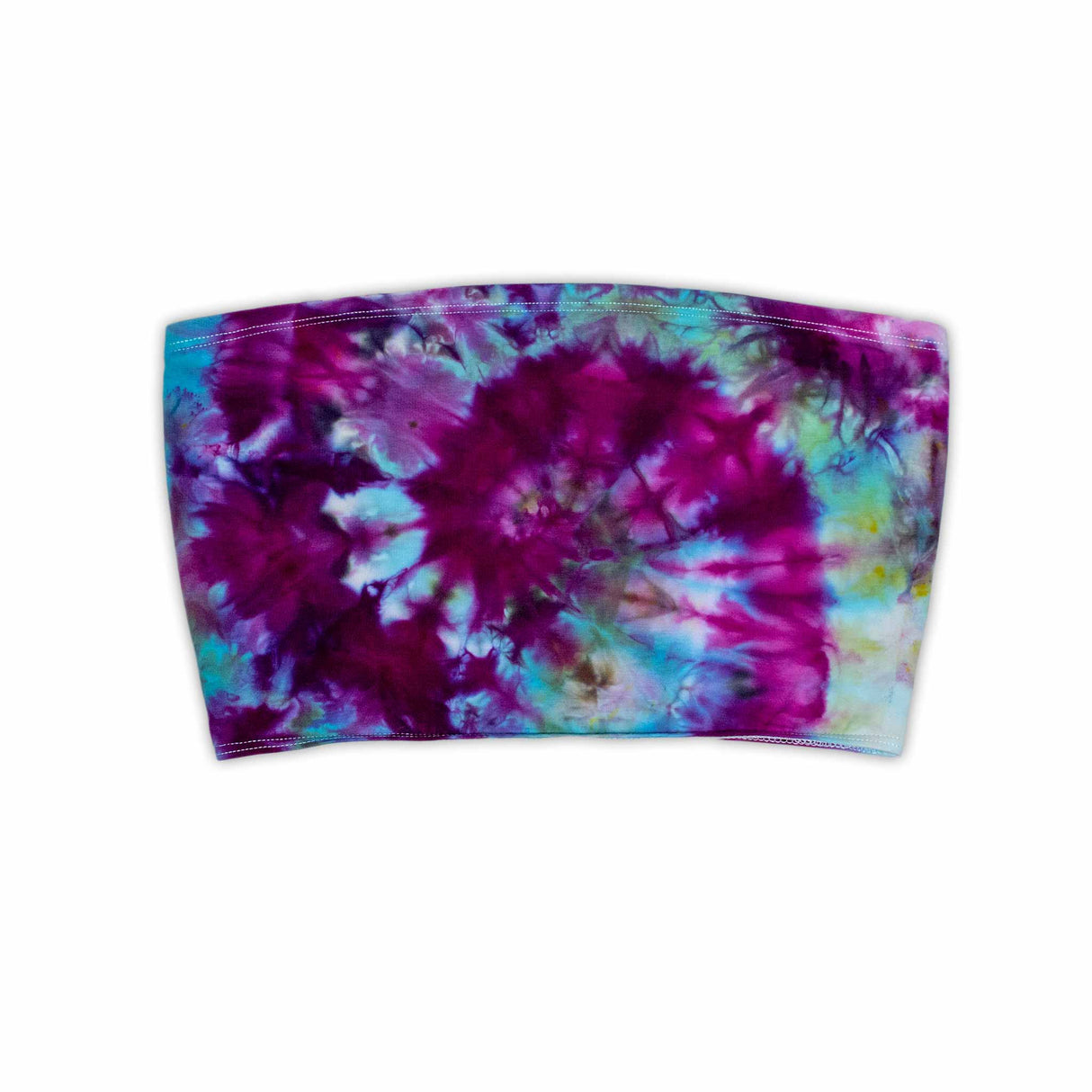 This eye-catching bandeau top showcases an intricate ice dye design with a pleated texture, displaying a burst of pink and blue hues for a bold, summer-ready look