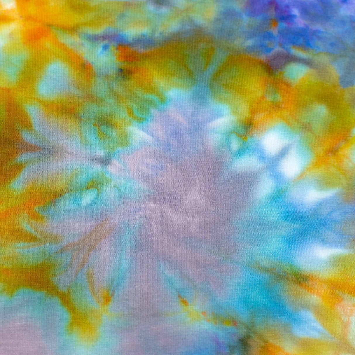 An eye-catching ice-dyed bandeau top with swirling patterns of cerulean, lemon, and sea green, evoking an abstract impressionist artwork.