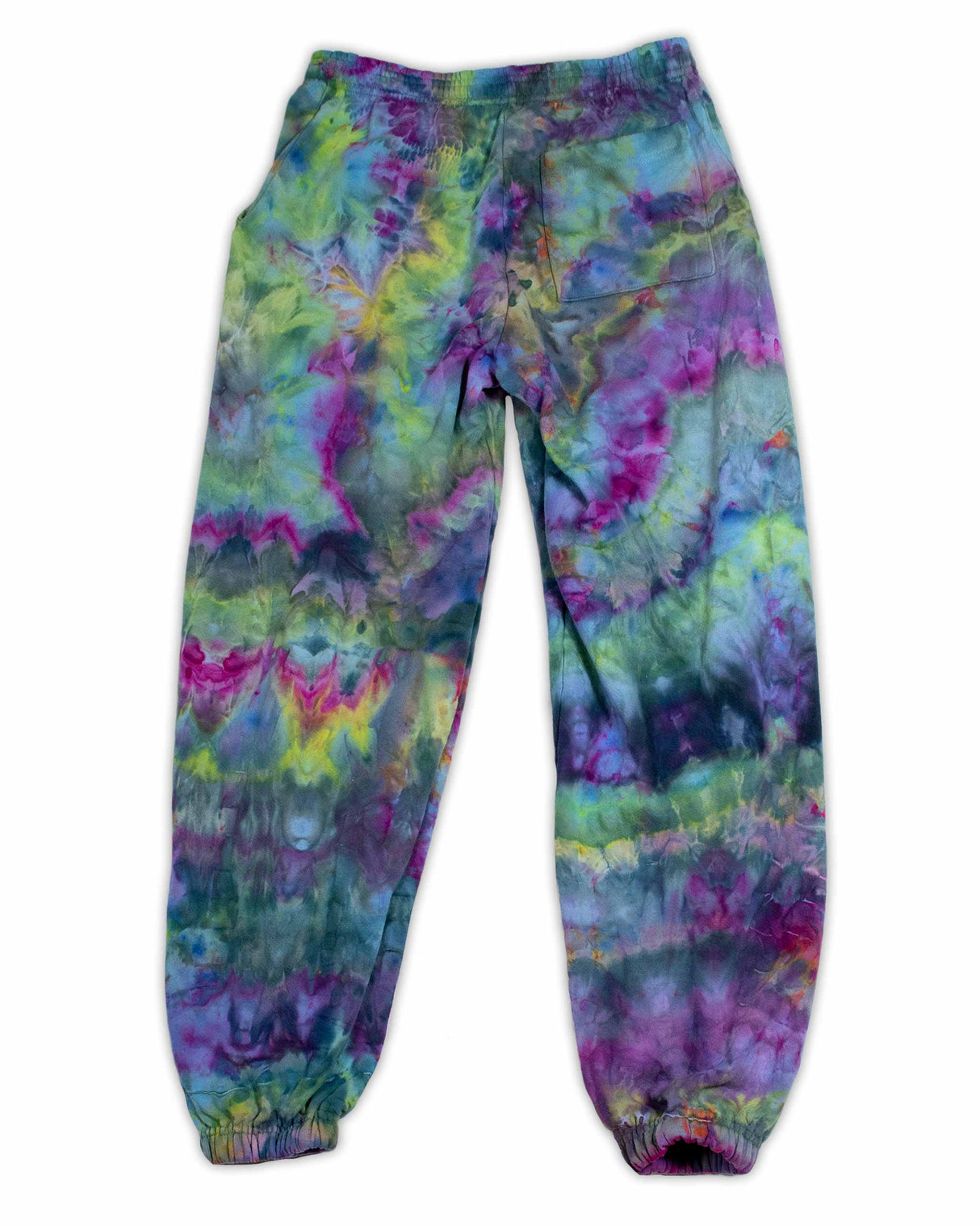 These sweatpants are adorned with a vibrant ice-dyed design, incorporating a spectrum of amethyst, jade, and magenta hues for a bold statement.