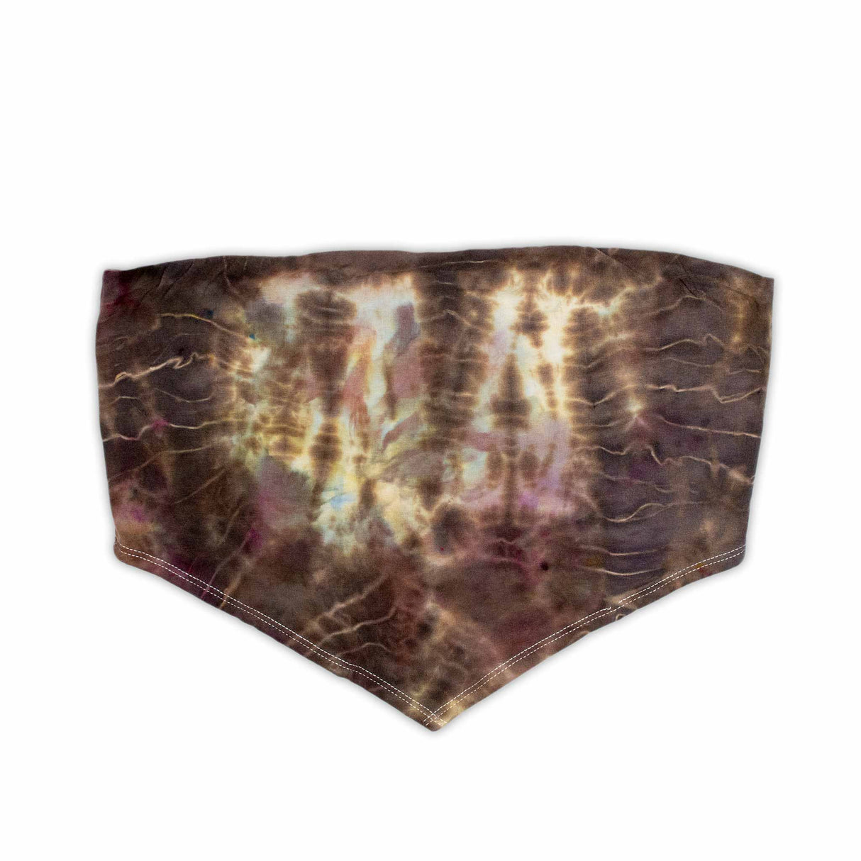 A bohemian-style bandeau top with a moody ice-dyed design, showcasing a blend of deep browns, creams, and specks of pastel hues.